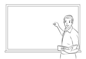 young man teacher explain write on the board and holding book Outline Vector Cartoon Illustration
