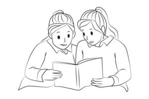 two sister reading book together Outline Vector Cartoon Illustration