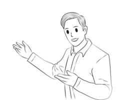 Man explain and welcoming pose Outline Vector Cartoon Illustration