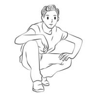 ilustración de dibujos animados de vector de contorno de pose de cuclillas de niño joven