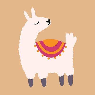 Vector cute lama in cartoon hand drawn childish style. Funny animal character for nursery, baby apparel, textile and product design, wallpaper, wrapping paper, card, scrapbooking