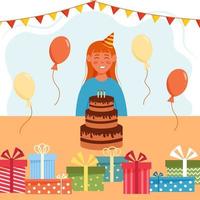 Happy smiling girl with party flags, air balloons, gift boxes and big birthday cake. Vector young woman in cartoon style celebrate name day