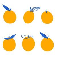 Set of orange fruits with leaf in cartoon flat style. Vector doodle illustration.