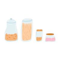 Set of glass jars with cereals in cartoon flat style. Reusable eco ware for storage of cereals, pasta, jams, legumes. Zero waste concept. Doodle vector illustration.