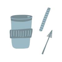 Tumbler cup with straw and brush in cartoon flat style. Vector illustration of zero waste reusable cups and thermo mug for coffee, tea and other drinks.