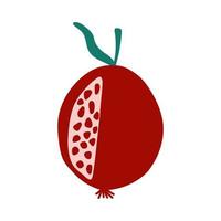 Cut pomegranate with green leaf and red seeds in cartoon flat style on white background. Vector illustration of colorful fresh fruit.