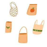 Set of different eco bags in cartoon flat style. Vector illustration of zero waste paper, net, cotton, biodegradable bag on a white background.