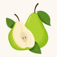 Whole green pear with green leaf isolated on white background. Flat vector illustration.