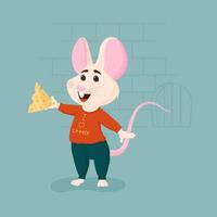 Cartoon smiling mouse character with cheese. Flat vector illustration.