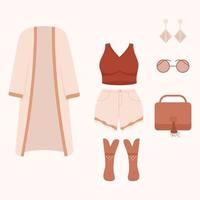 Boho clothing set. Boho style fashion outfit. Fashionable clothes. vector