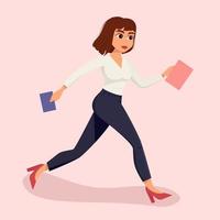 Business woman in office outfit. Business woman in a hurry with documents in her hands. Office dresscode. Flat vector illustration