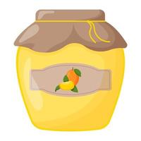 Glass jar of mango jam with closed lid. Cute vector illustration.