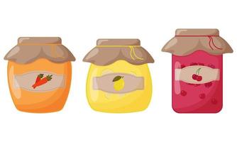 Glass jars of jam made of lemon, carrot and cherry with a closed lid. Cute vector illustration.