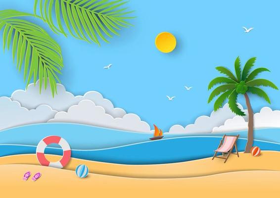 Summertime relaxation with view of blue sea,sand,sun,swim ring,sandals,beach ball and coconut palm tree on paper cut and craft style
