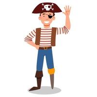 a pirate character in a suit, wearing a hat, without a leg and with an eye patch. vector illustration of a pirate sailor isolated on a white background