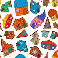 Seamless vector pattern of colored houses in the style of a doodle on a white background. The illustration is used for a magazine, book, poster, postcard, web pages.