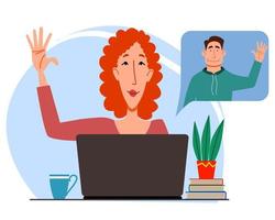 Illustration of a virtual meeting with different people who say hello. The concept of an online meeting with young men and women. Freelancers greet each other. Vector illustration in a flat style