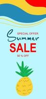 Vector vertical illustration of a summer sale banner for your store, website, and social networks. The layout is in blue tones.