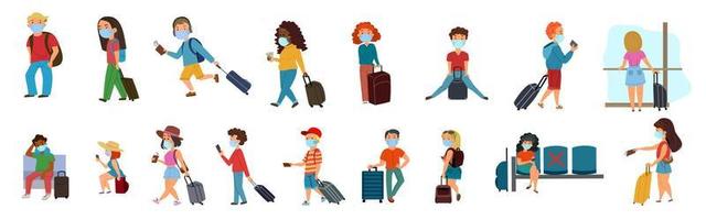 A set of people with a suitcase. Men and women in medical masks with luggage. Travel during the epidemic and covid-19. Vector illustration in a flat style on a white isolated layer