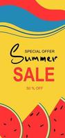 ilustración vertical vectorial de un banner de venta de verano para su tienda, sitio web y redes sociales. diseño con sandías en tonos amarillos. vector