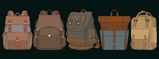 Set of Vector Colorful Backpacks. Backpacks for schoolchildren, students, travellers and tourists. Back to School rucksack flat vector illustrations isolated on white.