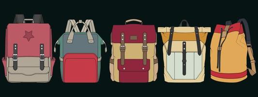 Set of Vector Colorful Backpacks. Backpacks for schoolchildren, students, travellers and tourists. Back to School rucksack flat vector illustrations isolated on white.