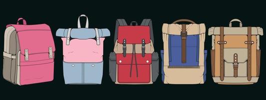 conjunto de mochilas de colores vectoriales. mochilas para escolares, estudiantes, viajeros y turistas. ilustraciones de vectores planos de mochila de regreso a la escuela aisladas en blanco.