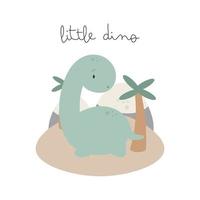 pequeño dinosaurio lindo. estilo de dibujos animados ilustración vectorial para cosas de niños, tarjetas, carteles, pancartas, libros para niños, impresión en el paquete, impresión en ropa, tela, papel pintado, textil o platos. vector