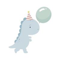 dinosaurio con un globo. estilo de dibujos animados ilustración vectorial para cosas de niños, tarjetas, carteles, pancartas, libros para niños, impresión en el paquete, impresión en ropa, tela, papel pintado, textil o platos. vector