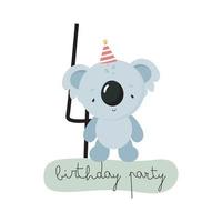 fiesta de cumpleaños, tarjeta de felicitación, invitación de fiesta. ilustración infantil con lindo koala y el número cuatro. ilustración vectorial en estilo de dibujos animados. vector