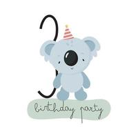 Birthday Party, Greeting Card, Party Invitation. Kids illustration with Cute Koala and the number three. Vector illustration in cartoon style.