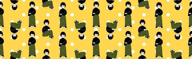 Seamless background with cartoon characters. White polka dots on a yellow background. Seamless pattern. Seamless website banners. Wrapping paper pattern. Patterns for decoration. vector