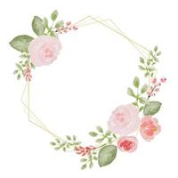 loose watercolor colorful roses and  wild flowers bouquet wreath with hexagon gold frame vector