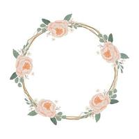 watercolor blooming english orange peach rose branch with dry twig flower bouquet wreath round frame