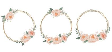 watercolor blooming english orange peach rose branch with dry twig flower bouquet wreath round frame collection vector