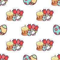 Seamless pattern - Easter cake, eggs with an ornament and a bouquet of tulips. A festive picture on a white background. Print for printing on fabric. Vector illustration.