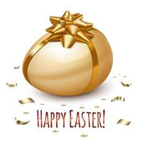 Easter egg with a beautiful bow of gold color. Happy easter pattern. Falling Confetti. Isolated On a white background. Vector illustration.