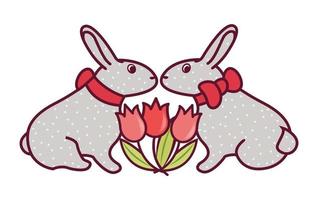 Two Easter bunnies sit facing each other. With a pattern of hearts on the skin. Between them are red tulips. vector