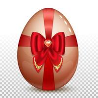 Easter egg with a red satin bow and a red heart-shaped stone. Isolated on a transparent background. 3D vector illustration.