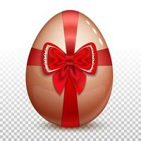 Easter egg with a red satin bow and sewing. Isolated on a transparent background. 3D vector illustration.