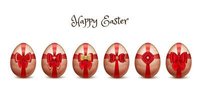 Happy Easter - Set of red easter eggs with red bows and ribbons, lace and precious stones. Six shiny brown colored chicken eggs. Realistic style. Isolated over white background. Vector illustration.