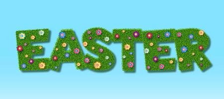 Happy Easter - lettering with grass texture and flowers made of paper. On a blue background. Realistic illustration. Vector.