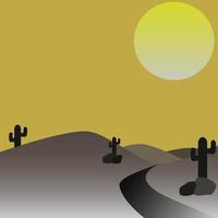 Horizontal landscape background with desert and cactus. Sunset on the mountain landscape background. Vector graphics. Desert view