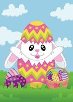 happy easter day, with a bunny in an egg and some beautiful flowers vector