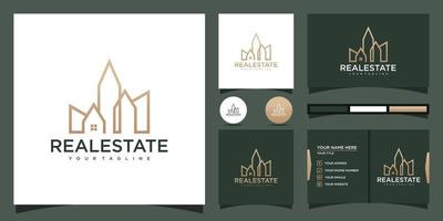 Building logo with line art concept and business card vector