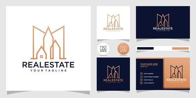 Building logo with line art concept and business card vector