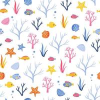 Cute marine pattern with colorful seaweed, fish and shells on a white background vector