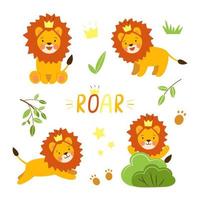conjunto de ilustraciones de leones africanos. lindo pequeño león jugando, corriendo, escondiéndose en el bosque. ilustración vectorial