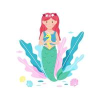 Cute little mermaid swimming underwater. Kawaii happy siren hand drawn in cartoon style vector