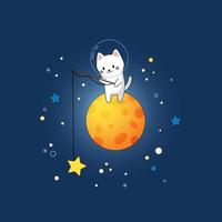 Cute and funny cat astronaut in a spacesuit on the moon fishes for the stars. Kawaii vector flat kitten